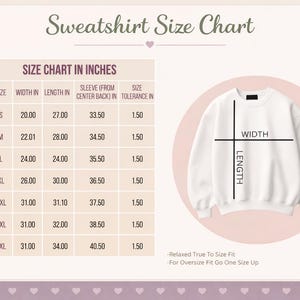 Sweatshirt size chart in inches with measurement diagram showing width and length plus fit notes for unisex crewneck sweatshirt.