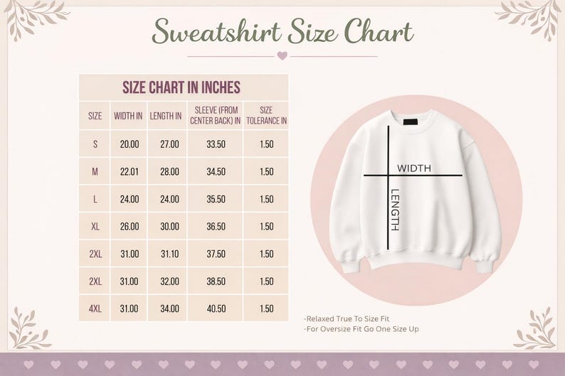 Sweatshirt size chart in inches with measurement diagram showing width and length plus fit notes for unisex crewneck sweatshirt.