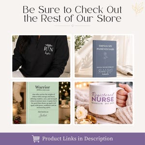 May include: A collage featuring a black quarter-zip pullover with RN embroidery, a blue journal titled Things My Patients Said, a light green book with the definition of Warrior, and a white ceramic mug labelled Registered Nurse Madelyn Est. 2026.