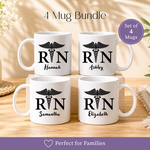 May include: A set of four white ceramic mugs, each featuring a black caduceus symbol above the letters RN and a unique name: Hannah, Ashley, Samantha, or Elizabeth. The text 4 Mug Bundle and Set of 4 Mugs are visible on the image.