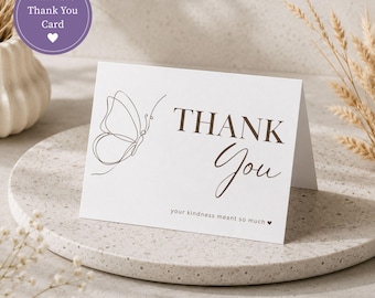 Canva Thank You Card Template Butterfly Line Art Digital Download Editable Custom Note Printable Gratitude Appreciation Teacher Wedding Baby