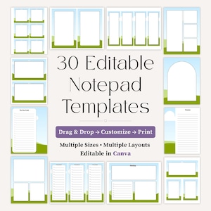 Op de afbeelding: Een verzameling van 30 bewerkbare notitieblok-sjablonen met een hemelsblauwe en groene landschapsrand. De tekst luidt 30 Editable Notepad Templates, Drag & Drop Customize Print, Multiple Sizes Multiple Layouts en Editable in Canva.