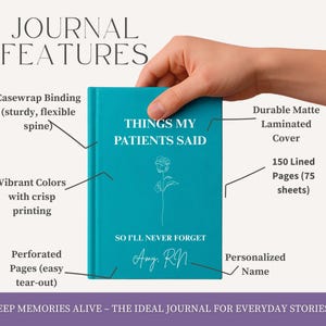 May include: A teal journal with the text "THINGS MY PATIENTS SAID" and a floral illustration. Features include a durable matte cover, 150 lined pages, and a personalized name. The journal has a casewrap binding and perforated pages.