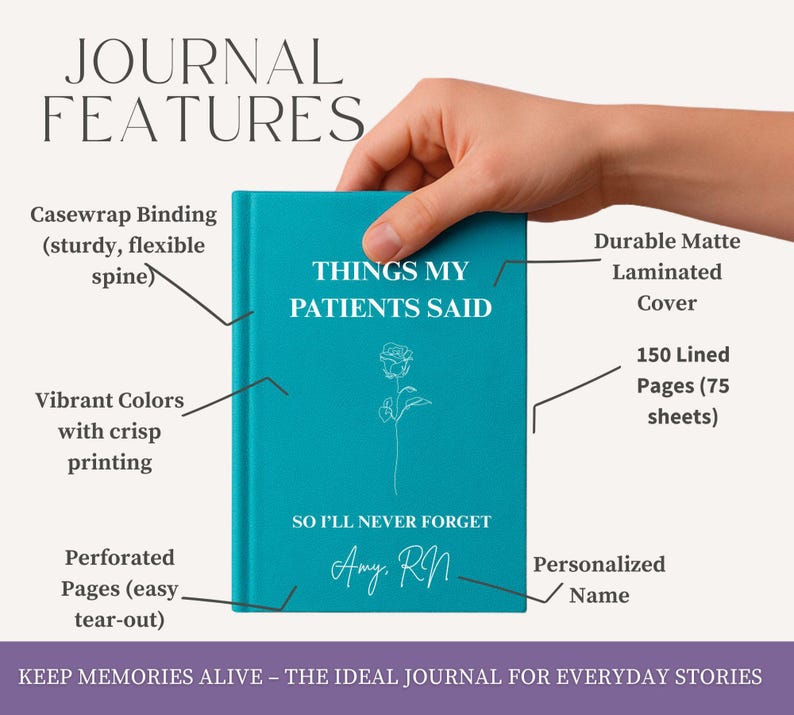 May include: A teal journal with the text "THINGS MY PATIENTS SAID" and a floral illustration. Features include a durable matte cover, 150 lined pages, and a personalized name. The journal has a casewrap binding and perforated pages.