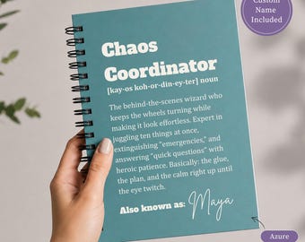 Personalized Chaos Coordinator Spiral Notebook, Funny Definition Journal, Custom Name, Gift for Boss, Coworker Leaving Gift