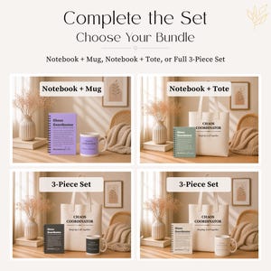 May include: A product bundle display featuring four options: a purple notebook and mug, a green notebook and tote, and two 3-piece sets containing a notebook, tote, and mug. Each item is printed with the text Chaos Coordinator in various colors.