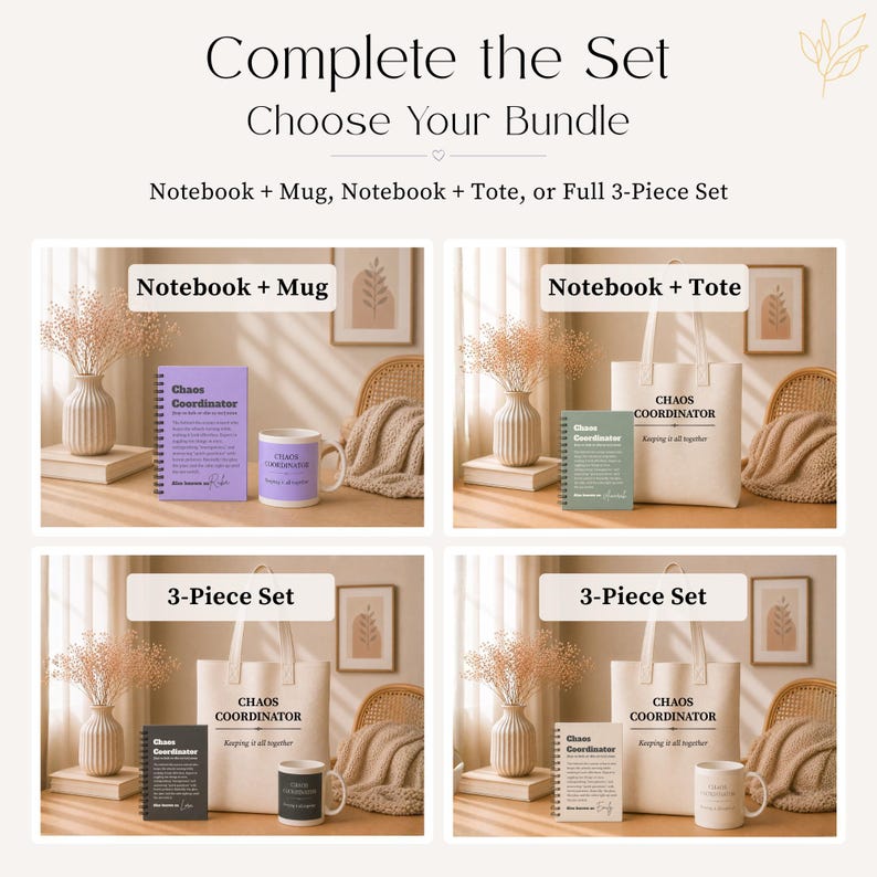 May include: A product bundle display featuring four options: a purple notebook and mug, a green notebook and tote, and two 3-piece sets containing a notebook, tote, and mug. Each item is printed with the text Chaos Coordinator in various colors.