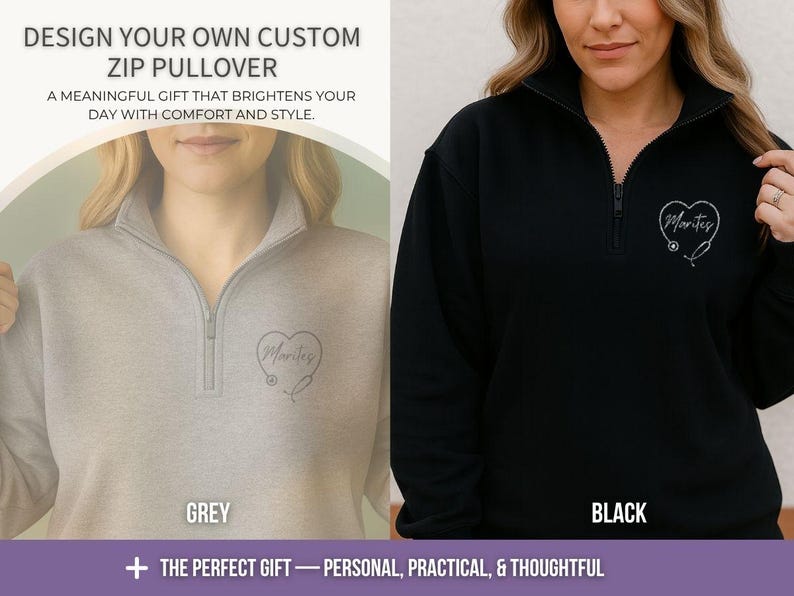 Embroidered Stethoscope Heart Design Personalized Nurse Quarter Zip Pullover Custom Name Medical Professional Gift Healthcare Worker Appreciation Fleece Jacket Unisex Fit Comfortable Nursing Apparel Layer Over Scrubs Birthday Present