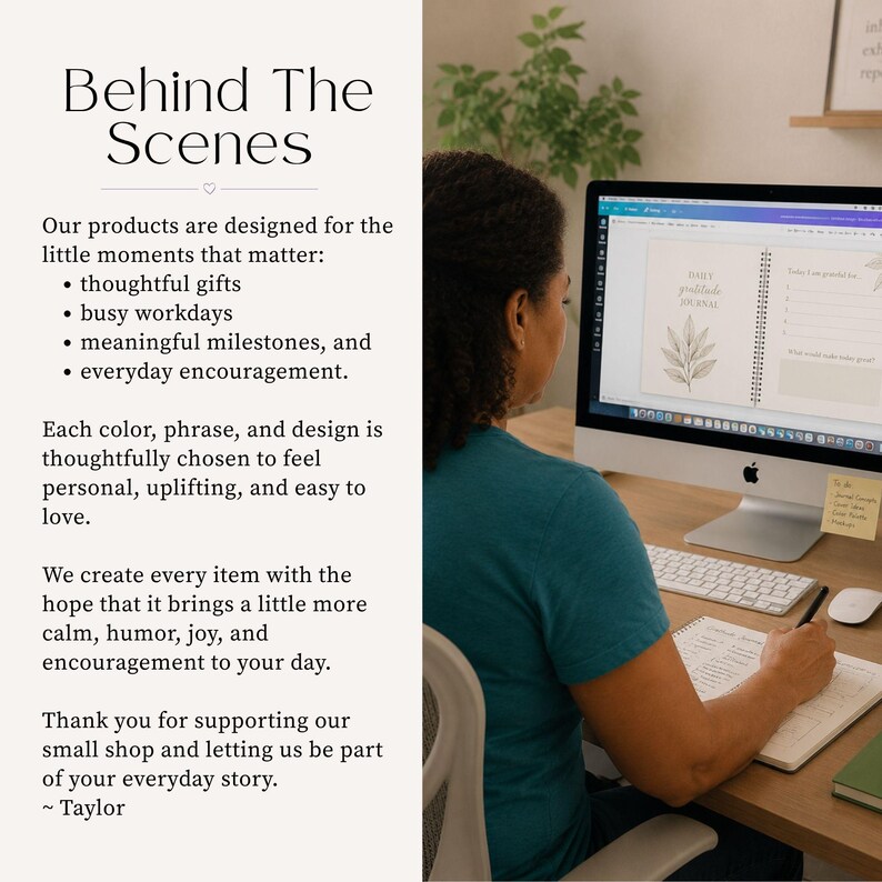 Puede incluir: Un gr&aacute;fico digital con el texto Behind The Scenes, seguido de una lista de objetivos de dise&ntilde;o de productos que incluyen regalos atentos y d&iacute;as de trabajo ocupados. La imagen muestra una pantalla de ordenador con un diario de gratitud.