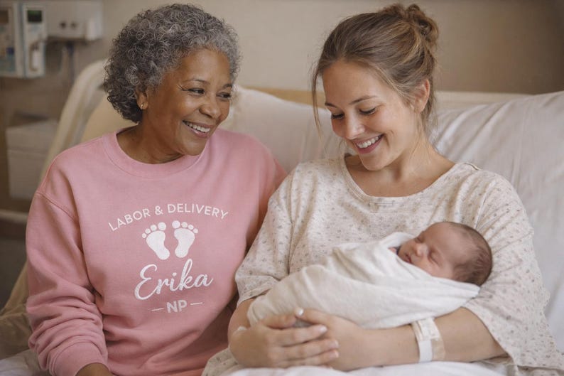 Nurse Appreciation Gift Mother Baby Sweatshirt Custom Embroidered Crewneck Personalized Labor Delivery Specialist Pullover Postpartum Healthcare Worker Apparel Hospital Staff Present Professional Comfort Clothing Medical Team Gift Soft Cozy