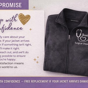 Shop with confidence graphic for personalized nurse zip jacket with replacement promise and customer satisfaction guarantee