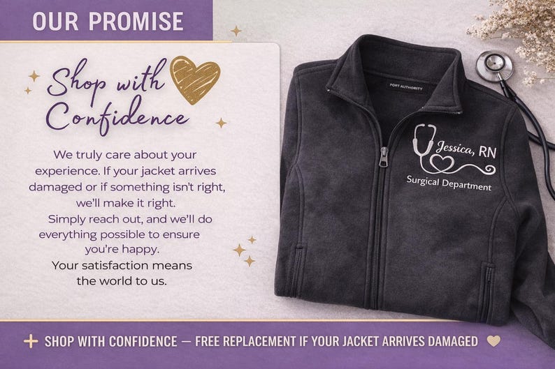 Shop with confidence graphic for personalized nurse zip jacket with replacement promise and customer satisfaction guarantee