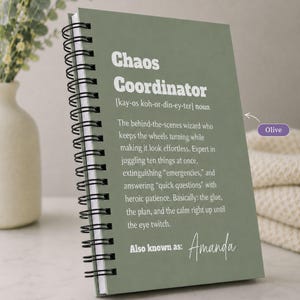 Office Planner Gift Personalized Chaos Coordinator Notebook Custom Name Journal Spiral Bound Boss Appreciation Present Coworker Leaving Recognition Administrative Assistant Manager Gift Daily Organization Book Professional Humor Design