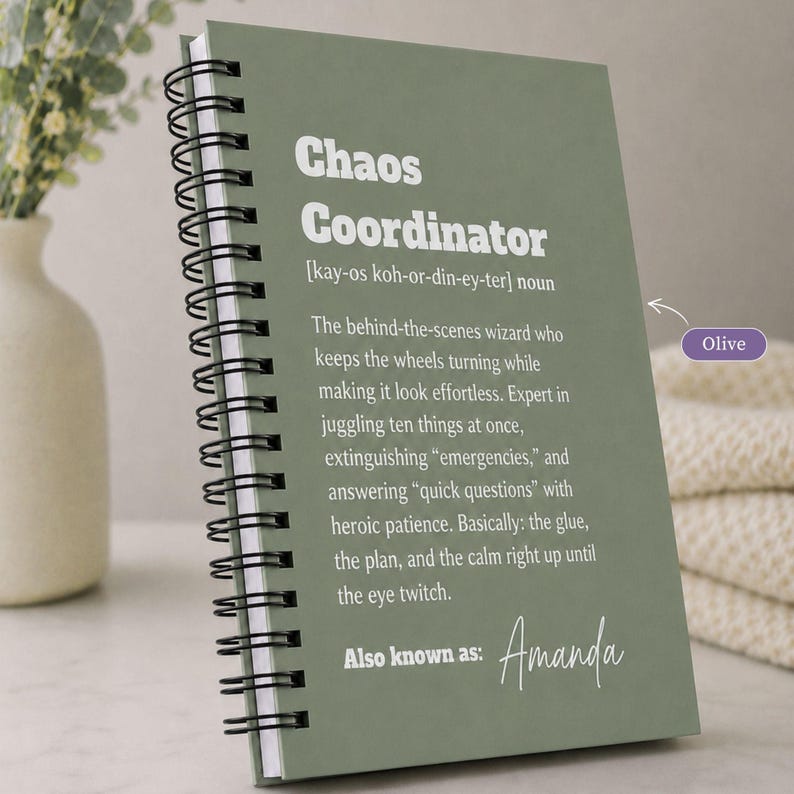 Office Planner Gift Personalized Chaos Coordinator Notebook Custom Name Journal Spiral Bound Boss Appreciation Present Coworker Leaving Recognition Administrative Assistant Manager Gift Daily Organization Book Professional Humor Design