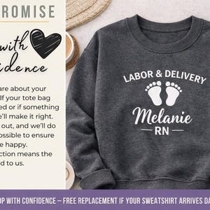 Shop with confidence promise graphic showing a dark heather gray Labor & Delivery sweatshirt with white design and embroidered name Melanie RN.
