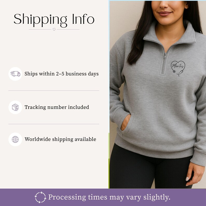 May include: A grey quarter-zip sweatshirt with a front pocket and a small embroidered design on the chest. The design features a heart with a stethoscope and the name "Marites". The sweatshirt is worn by a person wearing black leggings.