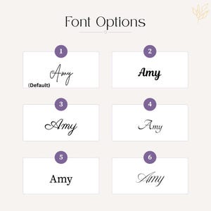 May include: Image showcasing six font options for the name "Amy". Each option is displayed within a white rectangle against a light purple background. The text "Font Options" is at the top. The first font is labeled "(Default)".