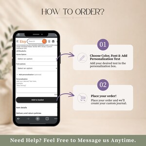 Pu&ograve; includere: Un grafico informativo intitolato HOW TO ORDER? mostra lo schermo di uno smartphone con una pagina prodotto Etsy e campi di personalizzazione. Due passaggi numerati spiegano come selezionare le opzioni e completare l'ordine.