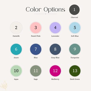 May include: Image displaying a color chart with the text "Color Options." Thirteen color options are presented in numbered circles, including Charcoal, Oatmilk, Pastel Pink, Lavender, Soft Blue, Azure, Blue, Gray Blue, Turquoise, Aqua, Sage, Mulberry, and Dark Green.