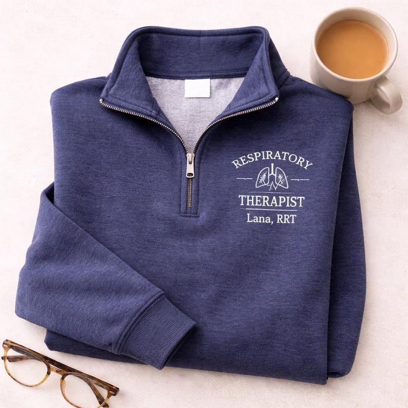 Personalized Embroidered Respiratory Therapist Sweatshirt Custom Name Quarter Zip Pullover Healthcare Worker Gift Medical Professional Apparel Hospital Staff Appreciation Present Clinical Team Recognition RT Professional Uniform Comfortable