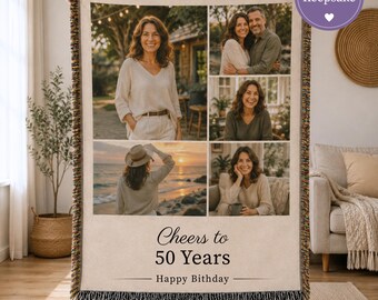 Photo Collage Gift Idea 50th Birthday Gift Idea Her Milestone Celebration Memory Keepsake Personalized Picture Throw Blanket Custom Family