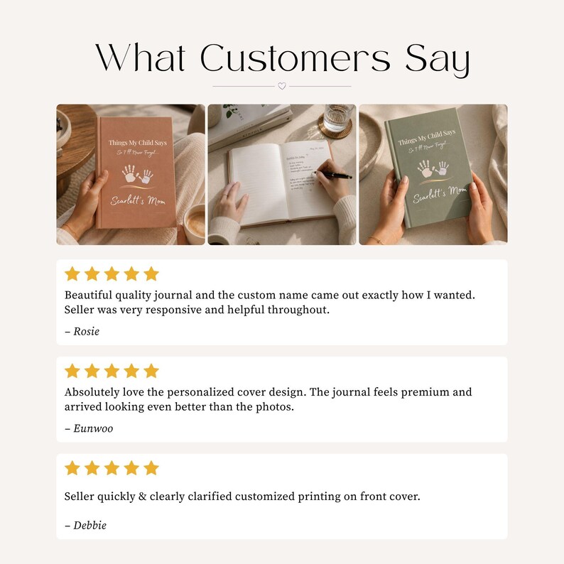 May include: A collage featuring three images of a personalised journal titled Things My Child Says, with handprint graphics and the name Scarlett's Mom on the cover. Below are three five-star customer reviews praising the journal quality and customisation.