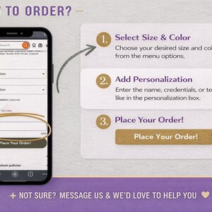 How to order personalized embroidered sweatshirt on Etsy—select size and color, add personalization (name/credentials), then place order.