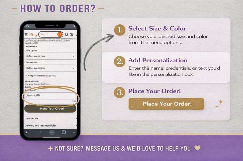 How to order personalized embroidered sweatshirt on Etsy—select size and color, add personalization (name/credentials), then place order.