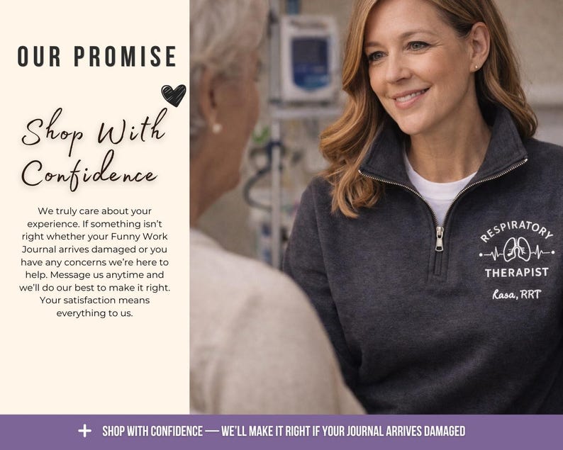 Respitory therapist shirt lifestyle image showing a woman wearing a charcoal quarter zip with white embroidered Respiratory Therapist design and personalized name while speaking with a patient, alongside text about shop with confidence and customer satisfaction guarantee.