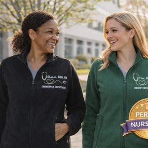 Nursing Graduation Gift Personalized Jacket Custom Embroidered Name Student Nurse Present Professional Medical Apparel Fleece Zip Workwear Healthcare Professional Gift Her RN Nursing Jacket Comfortable Hospital Wear Custom Credentials