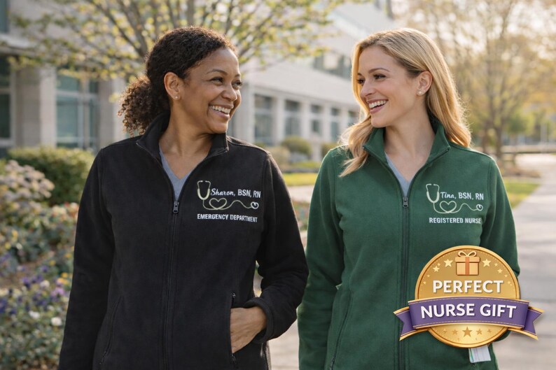 Nursing Graduation Gift Personalized Jacket Custom Embroidered Name Student Nurse Present Professional Medical Apparel Fleece Zip Workwear Healthcare Professional Gift Her RN Nursing Jacket Comfortable Hospital Wear Custom Credentials