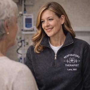 Respiratory Therapist Quarter Zip Sweatshirt Professional Medical Apparel Personalized Embroidered Name Custom Healthcare Worker Uniform Hospital Clinical Setting Wear Comfortable Pullover Design Team Appreciation Gift RT Professional