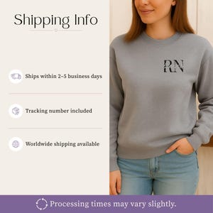 May include: A gray crewneck sweatshirt with the letters "RN" printed in black on the upper right chest. The sweatshirt is worn with blue jeans. The text "Shipping Info" is at the top left.