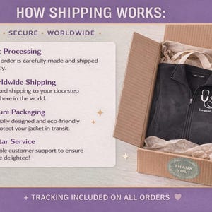 Personalized nurse jacket packaged securely in box with fast processing, worldwide shipping and tracked delivery details