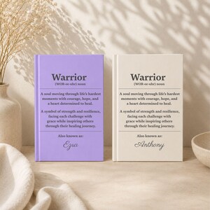 Lavender and oatmilk cream personalized healing journals featuring Warrior definition cover art, custom names, and inspirational recovery message. Thoughtful cancer survivor gift, recovery notebook, encouragement journal, patient support keepsake, or treatment journal for strength, hope, and healing.