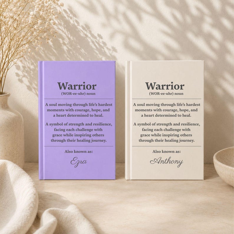 Lavender and oatmilk cream personalized healing journals featuring Warrior definition cover art, custom names, and inspirational recovery message. Thoughtful cancer survivor gift, recovery notebook, encouragement journal, patient support keepsake, or treatment journal for strength, hope, and healing.