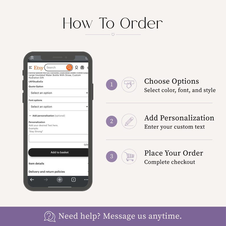 May include: An instructional graphic titled How To Order showing a smartphone displaying an Etsy product page with personalisation fields. Three numbered steps explain choosing options, adding personalisation, and placing an order, with a help message.