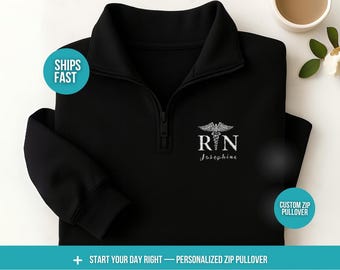 Personalized RN Quarter Zip Pullover Embroidered Caduceus Name Fleece Half Zip Sweatshirt Custom Nurse Uniform Gift For Healthcare Women