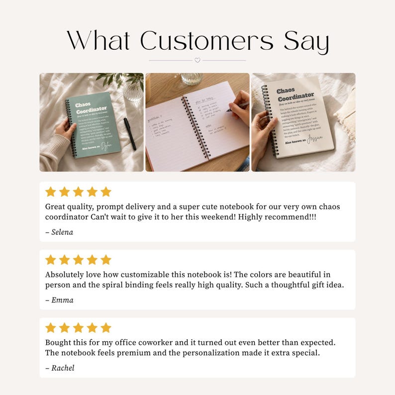 May include: A spiral-bound notebook titled Chaos Coordinator with customisable text. The cover is available in sage green or white. The interior features lined pages for planning and gratitude lists. The notebook is shown in three different views.