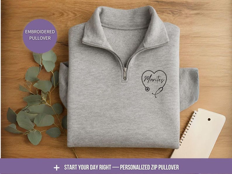 Personalized Nurse Quarter Zip Pullover Custom Name Embroidered Stethoscope Heart Design Healthcare Worker Gift Medical Professional Fleece Jacket Unisex Fit Comfortable Layer Over Scrubs Nurse Appreciation Present Birthday Gift Graduation