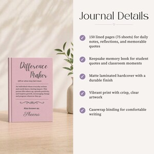 K&ouml;nnte beinhalten: Ein rosa Notizbuch mit dem Titel "Difference Maker" und einer Definition sowie dem Namen "Sheena". Merkmale sind 150 linierte Seiten, ein matt laminiertes Hardcover und eine Casewrap-Bindung. Ideal f&uuml;r Notizen und Reflexionen.