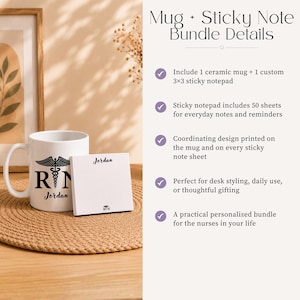 May include: A white ceramic mug and a square 3x3 inch sticky notepad. The mug features a black caduceus symbol, the letters RN, and the name Jordan. The notepad displays the name Jordan and a small caduceus icon at the bottom of each sheet.