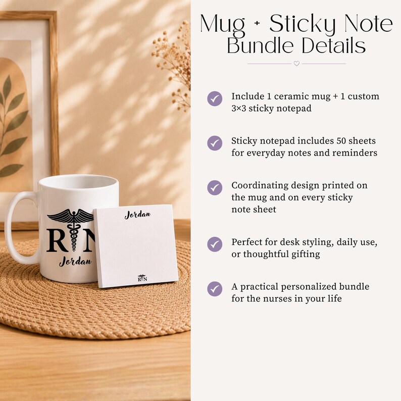 May include: A white ceramic mug and a square 3x3 inch sticky notepad. The mug features a black caduceus symbol, the letters RN, and the name Jordan. The notepad displays the name Jordan and a small caduceus icon at the bottom of each sheet.