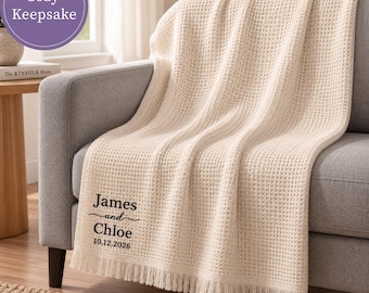 Personalized Throw Blanket Embroidered Name Custom Woven Blanket Waffle Wedding Gift Couple Anniversary Keepsake Grandma Blanket Custom