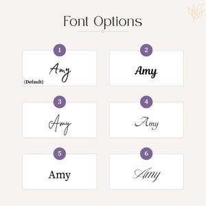 May include: A chart titled Font Options displaying six distinct black typeface styles for the name Amy, each labeled with a purple circular number from one to six. Option one is marked as Default. The text is presented on a light background.