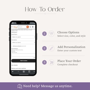 May include: An instructional graphic titled How To Order showing a smartphone displaying an Etsy product page with dropdown menus for quote and font options, plus three numbered steps for choosing options, adding personalization, and placing an order.