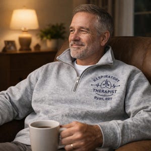 Quarter Zip Pullover Respiratory Therapist Sweatshirt Personalized Embroidered Name Custom Medical Professional Gift Healthcare Worker Appreciation Hospital Clinical Staff Apparel Comfortable Team Recognition Present RT Professional Career