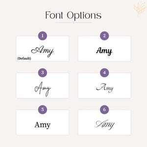 May include: Font options graphic featuring six different font styles for the name "Amy". Each style is displayed within a white rectangle against a light purple background. The text "Font Options" is at the top.