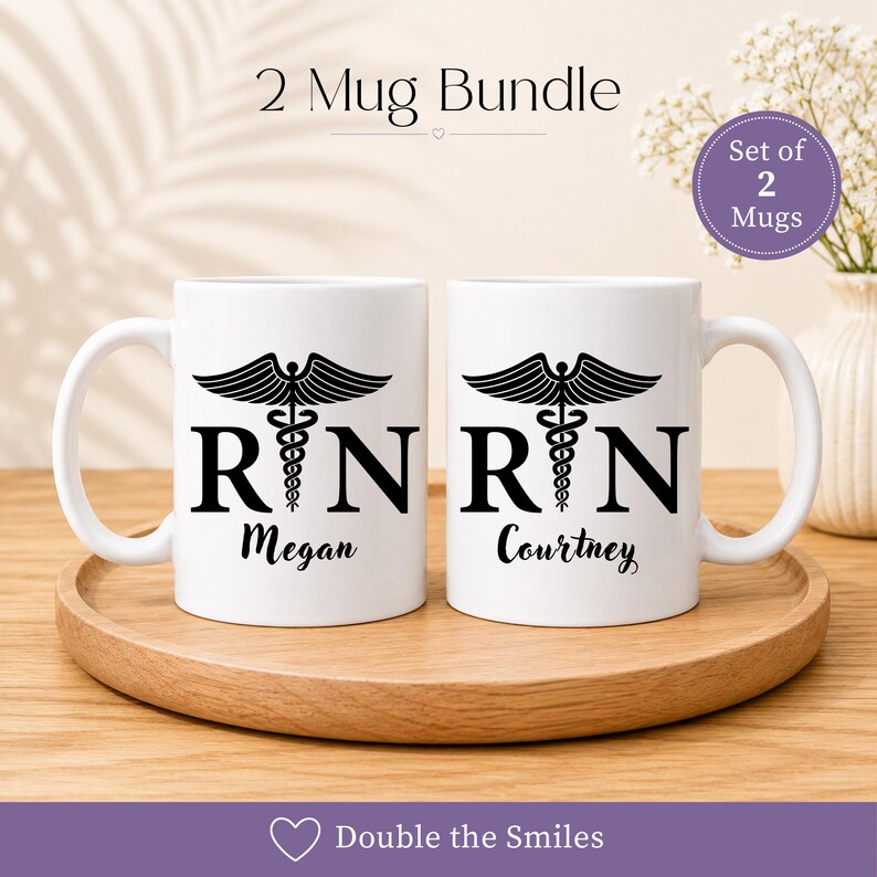 May include: A set of two white ceramic mugs featuring a black caduceus symbol between the letters R and N. The left mug is personalized with the name Megan and the right mug with the name Courtney in black script. Text reads 2 Mug Bundle.