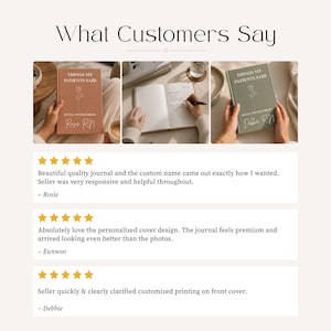 May include: A collage featuring three journals with the text 'THINGS MY PATIENTS SAID SO I'LL NEVER FORGET' and custom names on the covers. One journal is terracotta, one is sage green, and one is shown open with handwritten text on the pages.